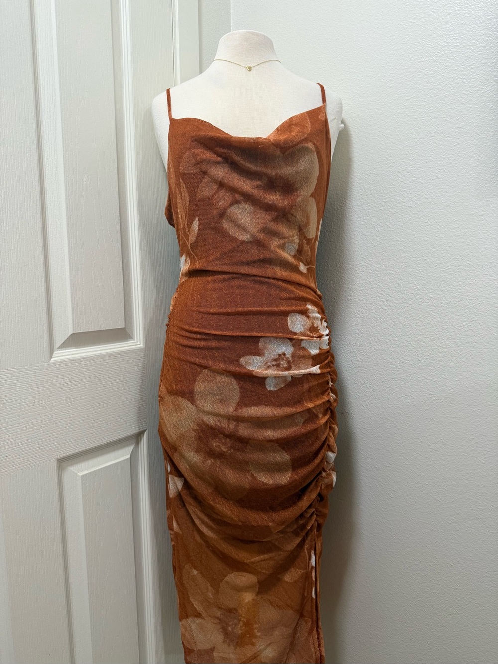 Rust Floral Cowl Midi Dress with Side Ruched Detail